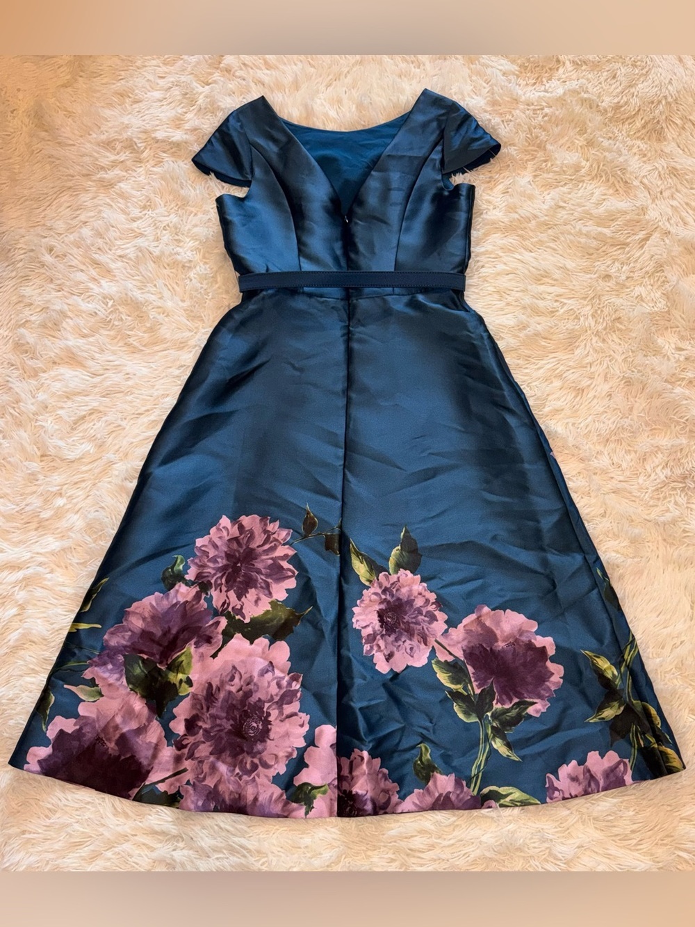 NWOT Kay Unger Ina Floral Belted midi teal blue French Rose Dress sz 12 - Picture 6 of 9